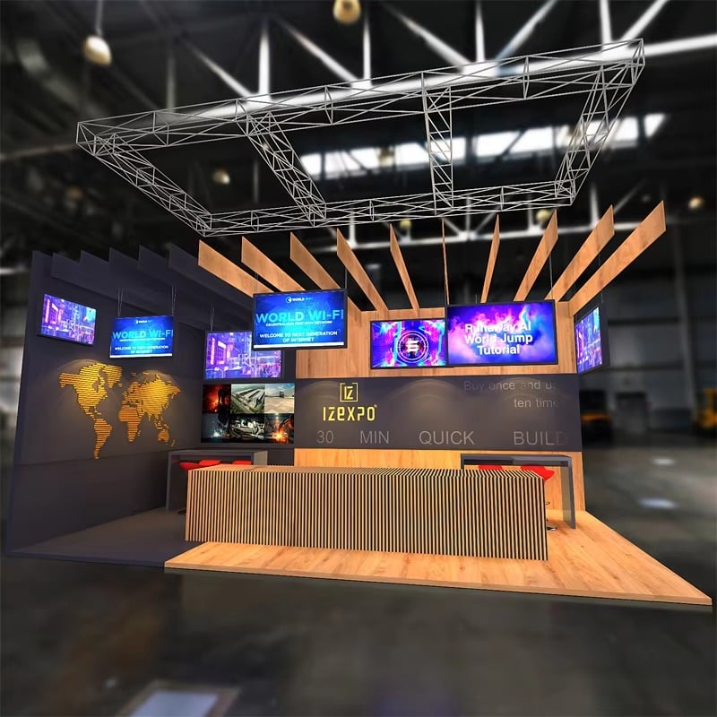 20x20 feet island trade show booth design three front view